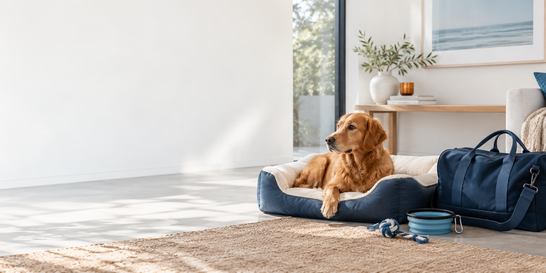A calm home scene with a dog, pet bed and travel bag